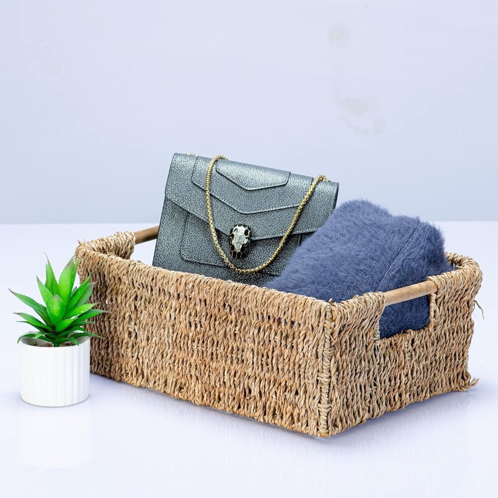 Large Natural Wicker Basket Rectangular with Wooden Handles, Seagrass Storage fo - Picture 9 of 9